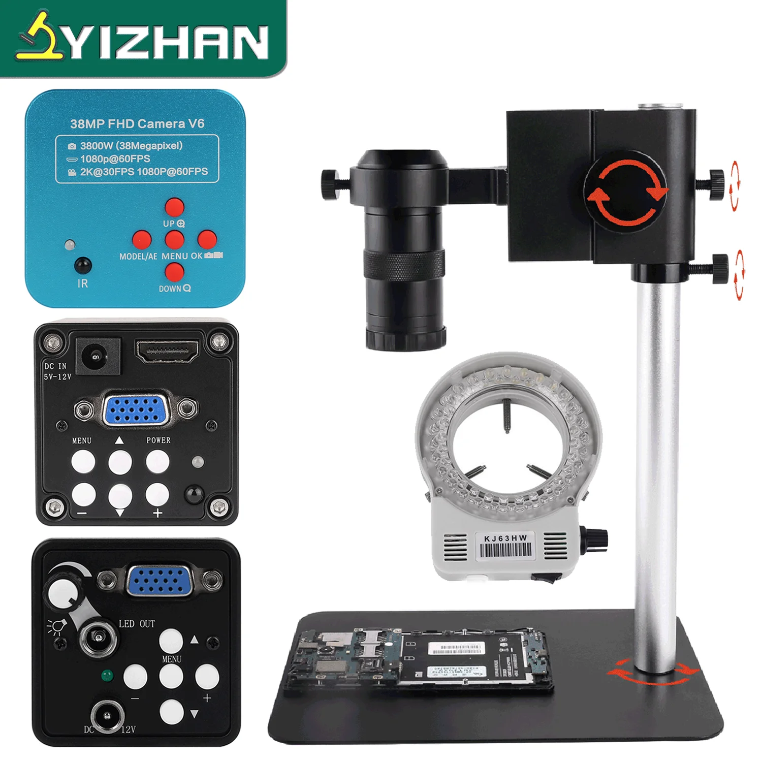 

YIZHAN 2K 38MP/13MP VGA/HDMI/Usb Microscope Set Industrial Video Camera 130X C-MOUNT Lens LED Light For Observe Soldering Repair