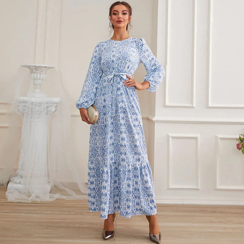 

Vintage Abaya Women Muslim Floral Printed Long Sleeve Maxi Dress Dubai Buttons Eid Ramadan Kaftan Turkey Arab Robe Belted Gowns