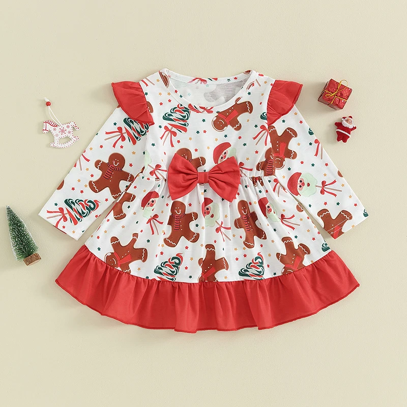

BeQeuewll Kids Girls Christmas Dress Long Sleeve Dress Crew Neck Gingerbread Man Print Bow Patchwork A-line Dress For 0-4 Years