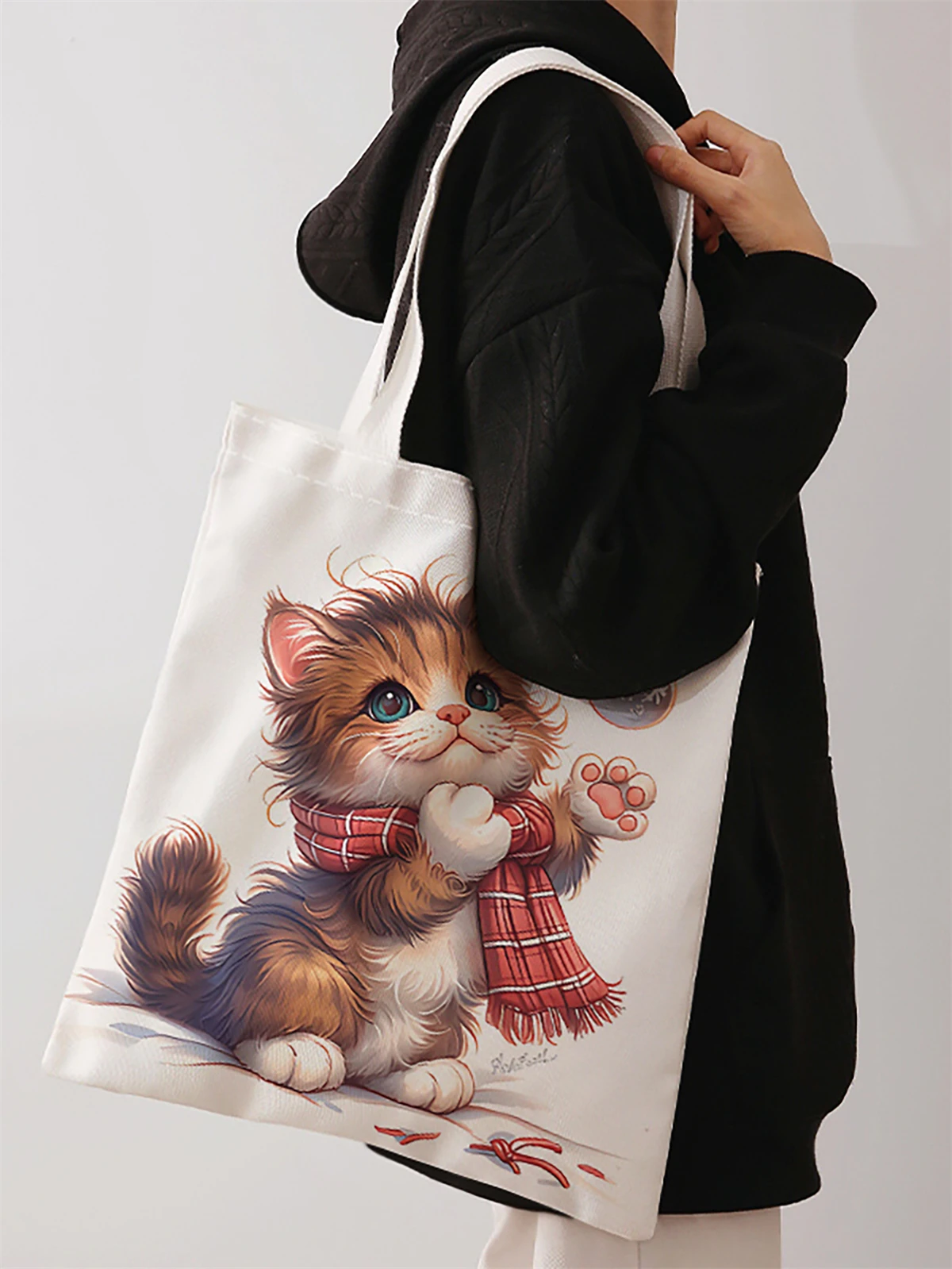 Cat pattern printed casual handbag, reusable fashionable backpack, multifunctional handbag, canvas shopping bag