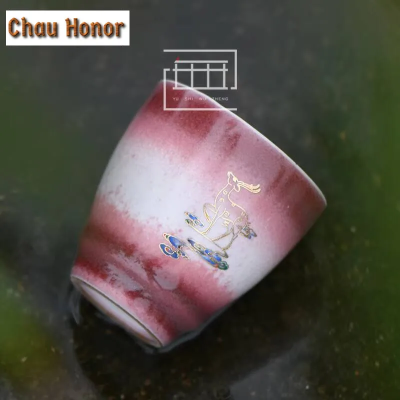 150ml Retro Underglaze Red Printing Deer Ceramic Teacup Creative Kiln Change Master Cups Puer Tea Bowl Jianchan Kung Fu Tea Gift