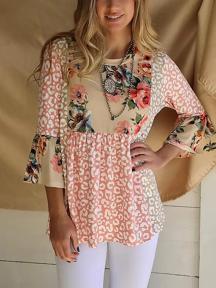 

Fashion Stitching Printing T-Shirt Shirt Top Women's Casual O Neck Bell Sleeve Patchwork Office Ladies Clothes Loose Blouse 2023