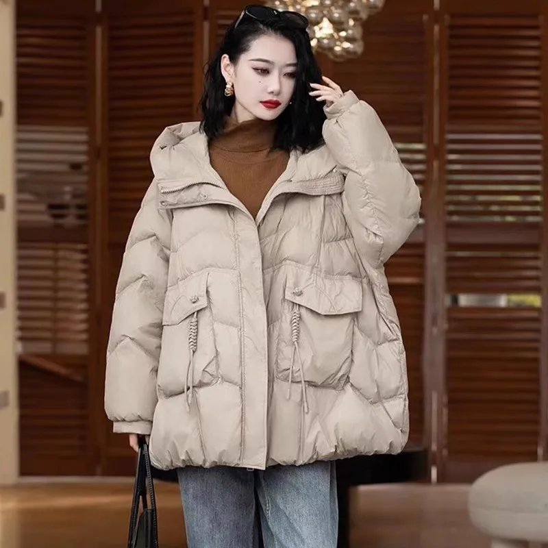 2025 Female 90% White Duck Down Jacket Women Autumn Winter Vintage Style Loose Casual Mid-Long Hooded Warm Puffer Coat