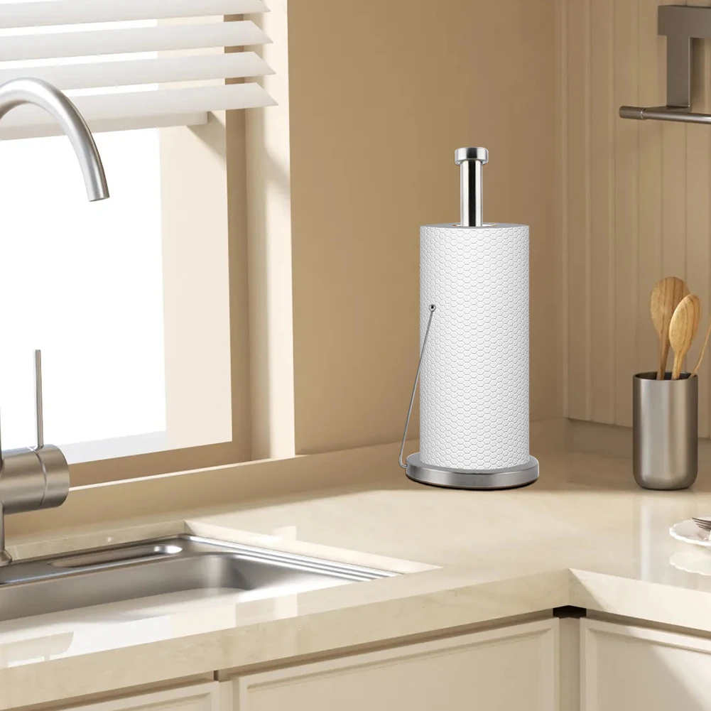 Silver Roll Holder with Round Base Standing Toilet Paper Holder Stainless Steel Roll Paper Towel Rack for Home Table Decor