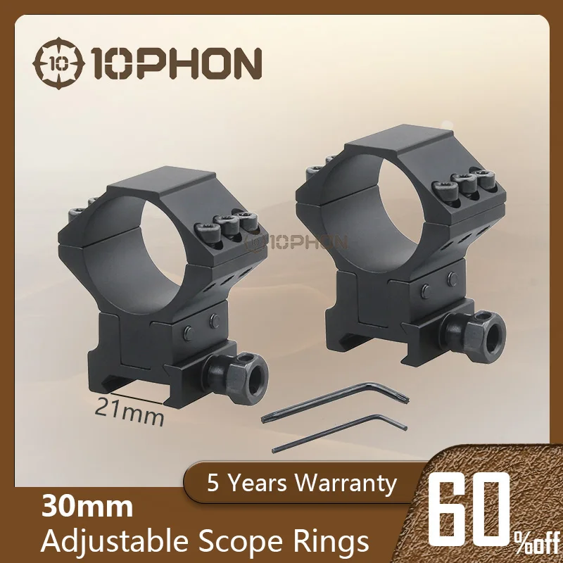 10PHON 30mm Adjustable Elevation Picatinny Rings Fit 56mm Objective Lens Scope 21mm Mount