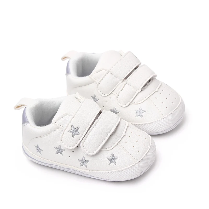 Baby White PU Sneaker Non-slip for Toddler Boys and Girls Cute Embroidery Stars and Hearts 4