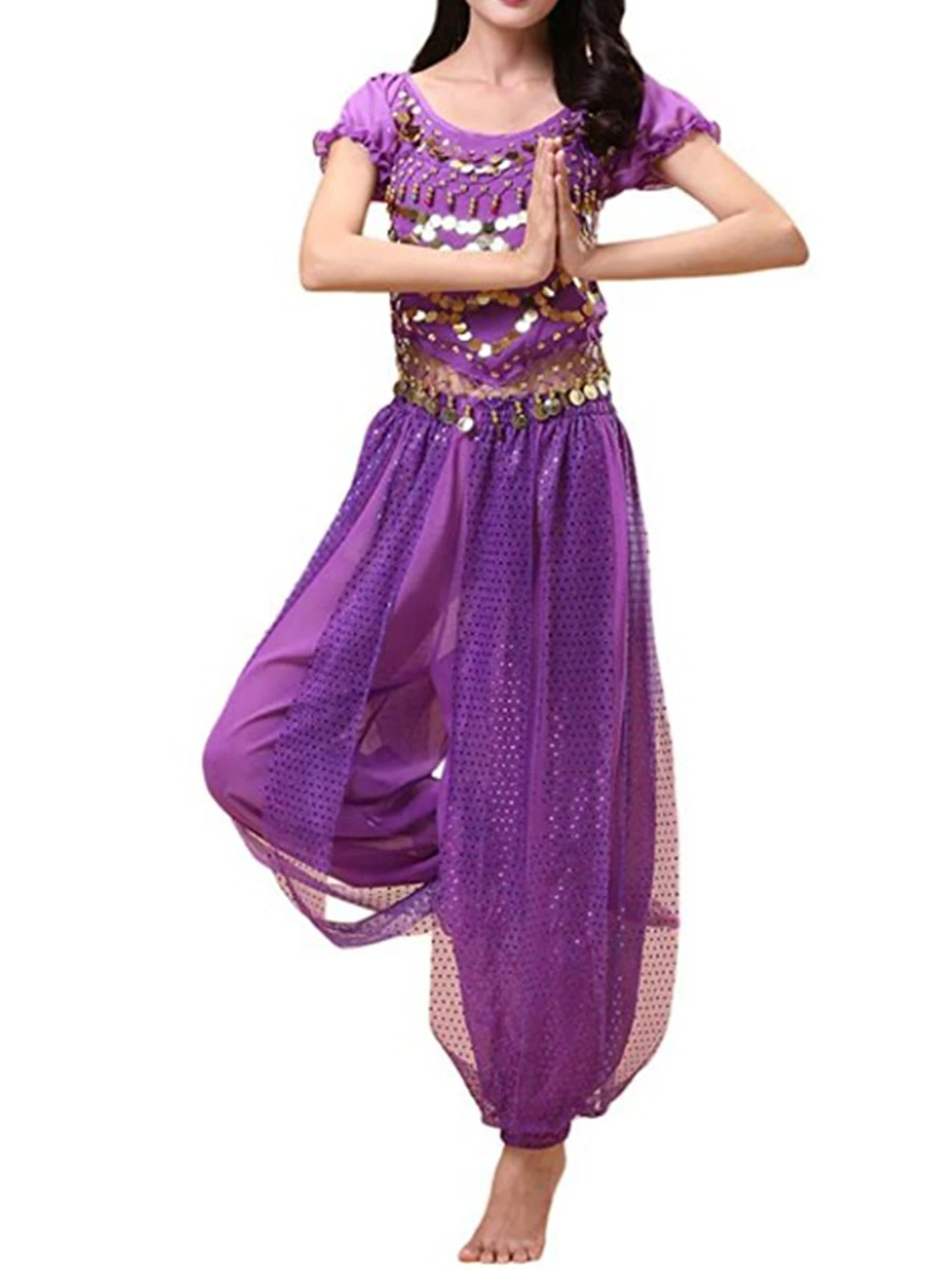 

Womens Belly Dancing Costume Belly Dancer Outfit Sparkly Sequin Puff Sleeve Tank Top Lace-up Back Crop Top with Harem Pants Sets