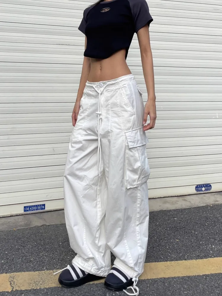 

American White Spicy Girl Workwear Pants, Women'S Design Sense, Drawstring Pockets, Loose Fitting Wide Leg Casual Pants