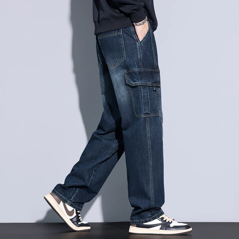 Men's 97% Cotton Straight Cargo Jeans Trendy Multi-pocket Nostalgic Loose Trousers Man American Vintage Fashion Denim Pants 2