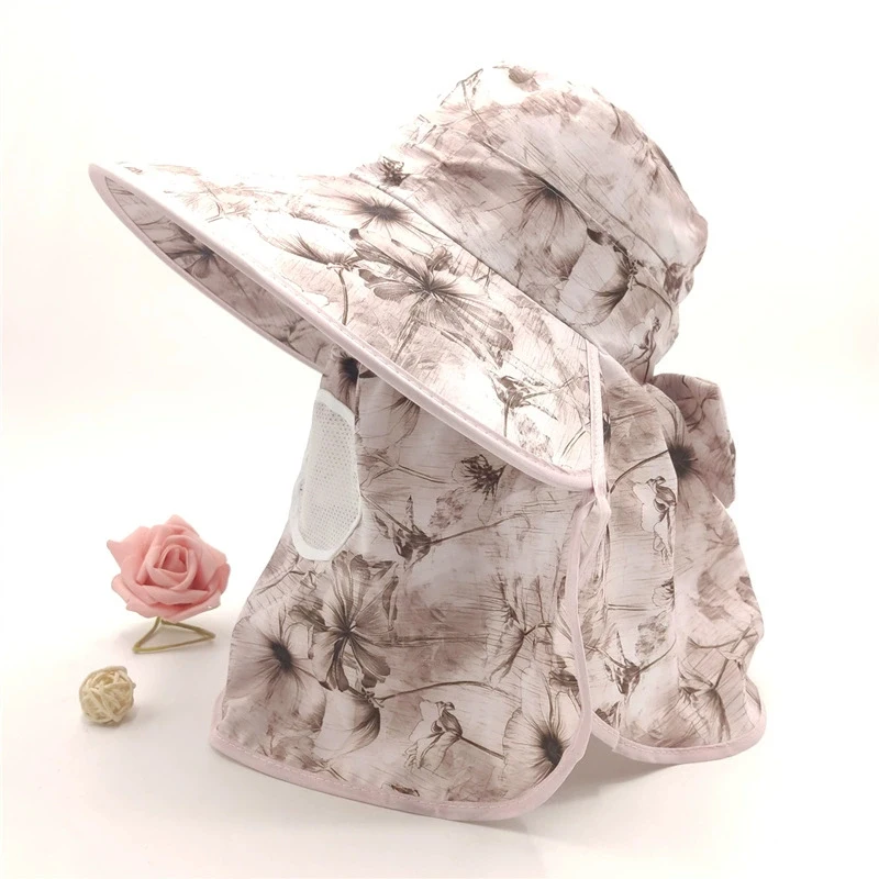 Women Sun Hat Breathable Shawl integrated Picking Tea Hat UV Protection Wide Brim Mesh Sunscreen
