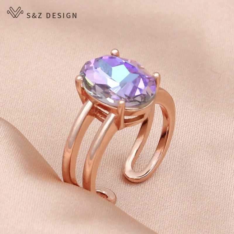 S&Z DESIGN New Fashion Egg Shape Oval Crystal Rings For Women Wedding 585 Rose Gold Color Jewelry Fine Adjustable Gift