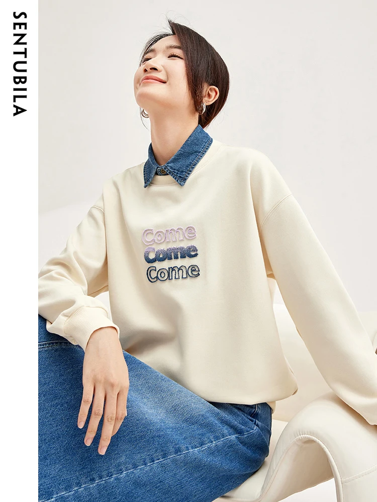 SENTUBILA Gradient Letter Print Pullovers Women 2023 Autumn Sweatshirts Detachable Fake Collar Long Sleeve Top Clothes 133A51878 women shirt detachable sleeve fake cuffs detachable shirt multi layer ruffles false cuffs wristband decorative clothes accessory