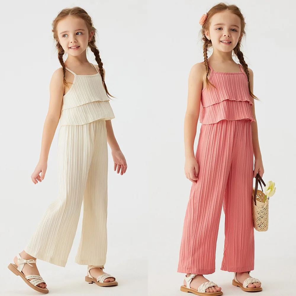 2pcs Toddler Girl Summer New Solid Colour Suit Casual Sleeveless Ruffle Top + Wide Leg Trousers Suit Children's Trend Clothing 1