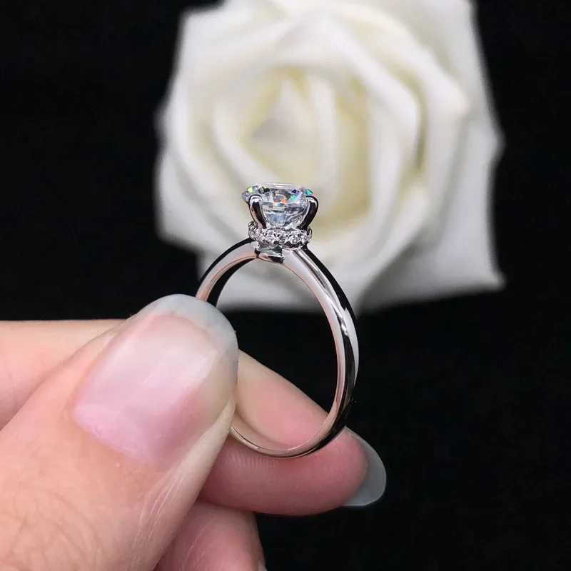 여성용 단색 14K 화이트 골드 반지, 4 클로 다이아몬드, 심플 모이사나이트 반지, 프로포즈 다이아몬드 반지, AU585 