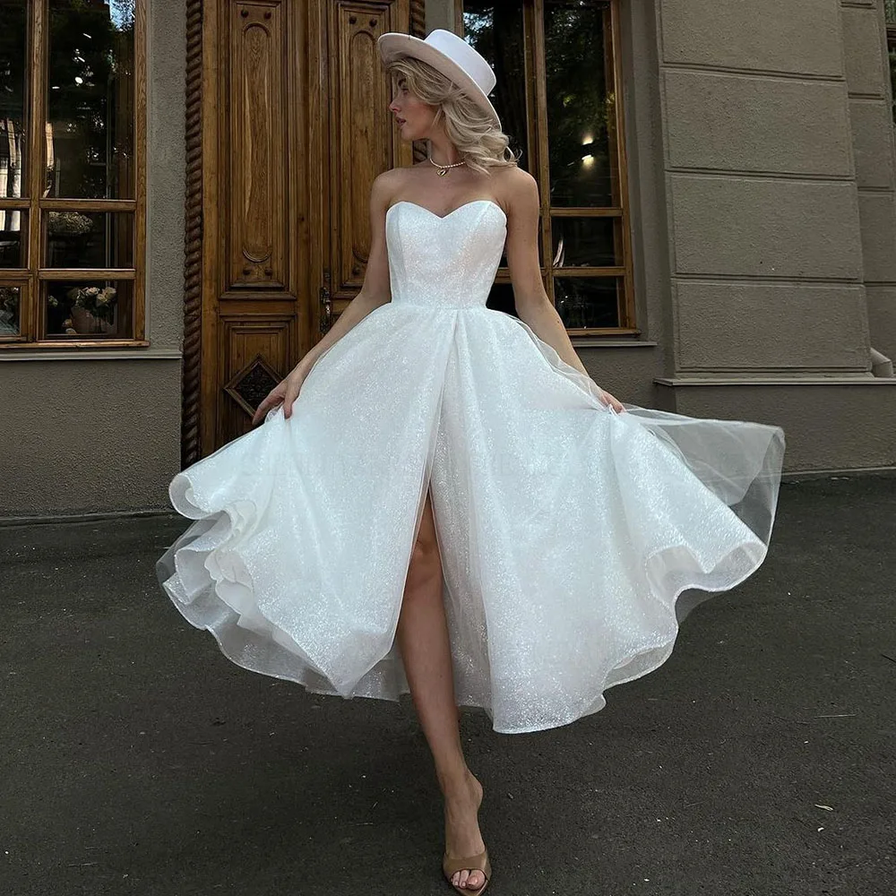 Glitter Sexy Wedding Dresses With Pockets Tea-Length Tulle