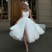 Glitter Ivory Wedding Dresses With Pockets Tea-Length Tulle Bride Dress Strapless Slit Sexy Dress For Women 2023 Robe De Mariee 1