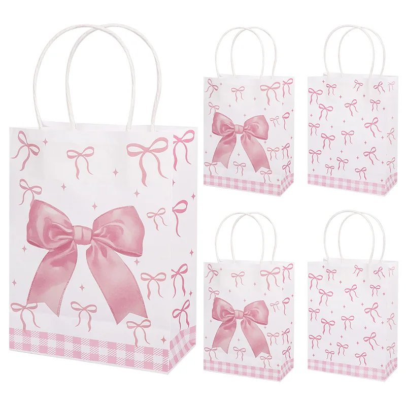 5/10Pcs Pink Bow Paper Gift Bags Candy Snack Treat Bag Kids Girls Birthday Party Supplies Baby Shower Decoration Gift Packaging