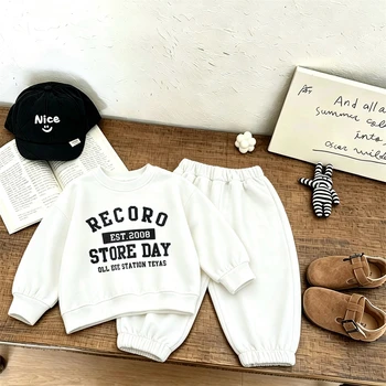 Abbigliamento Casual per Bambini, Completi a Maniche Lunghe, Nuovi Outfit Moda Primavera-Autunno, Set Semplice con Maglione a Collo Tondo e Pantaloni per Bambini