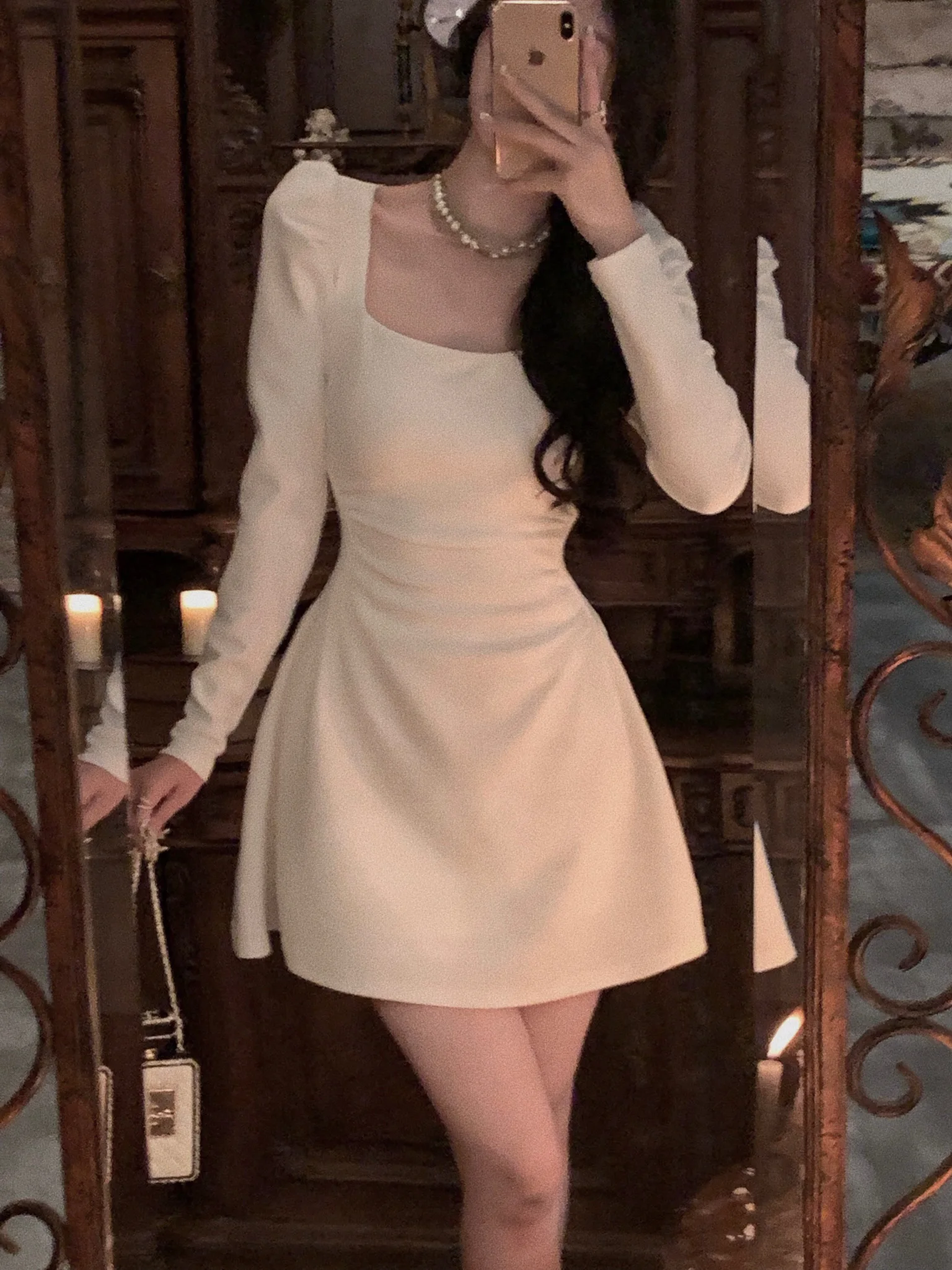 Spring New Elegant Square Collar Midi Party Dresses for Women Long Sleeve Black White Slim Vestidos Female High Waist Clothes