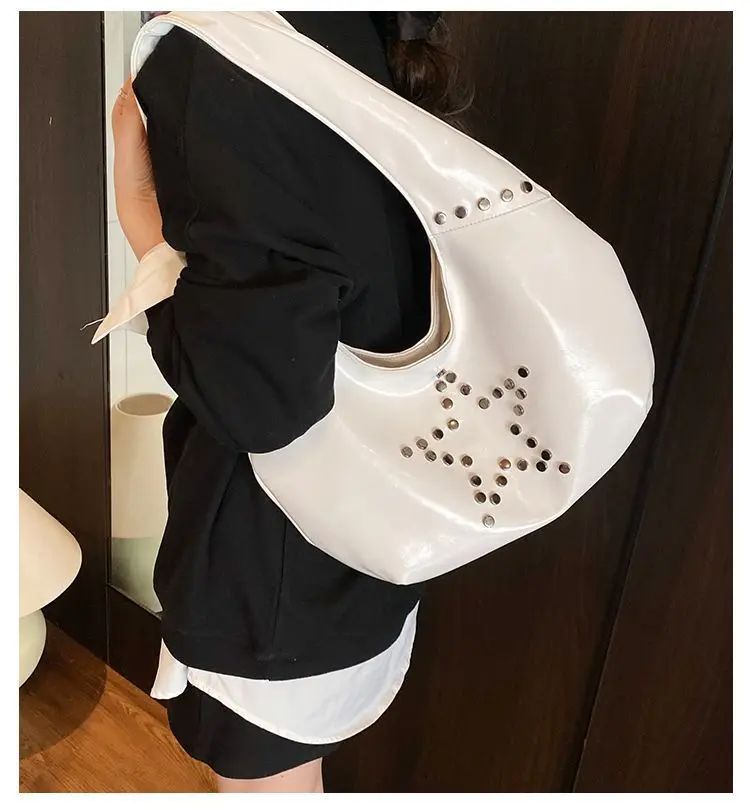 Y2k Grunge Star Beading Red Underarm Bag Women Rivet Leather Large Capacity Handbag Hobos Bag Ladies Casual Shoulder Bags New