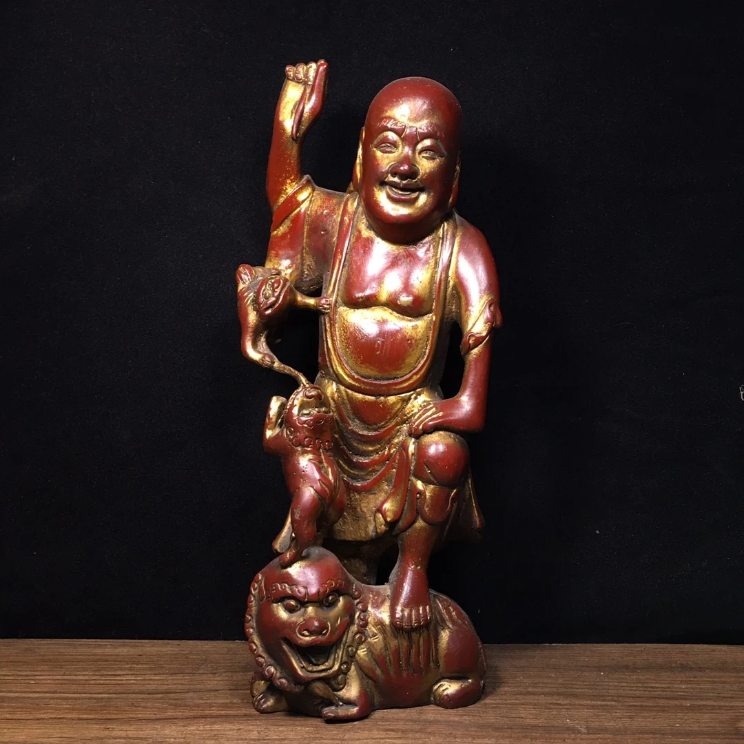 

12"Tibetan Temple Collection Old Bronze Cinnabar Mud gold Liu Hai Xi Jin Chan Statue Mythology Legend worship hall Town house