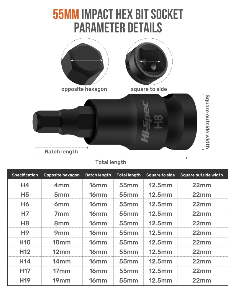 

Hi-Spec 55MM 9PC/11PC Hexagon Socket Sets H4-H19 S2 Hexagon Wrench Length Adapter 1/2 CR-MO Screwdriver Bits Set With Magnetic