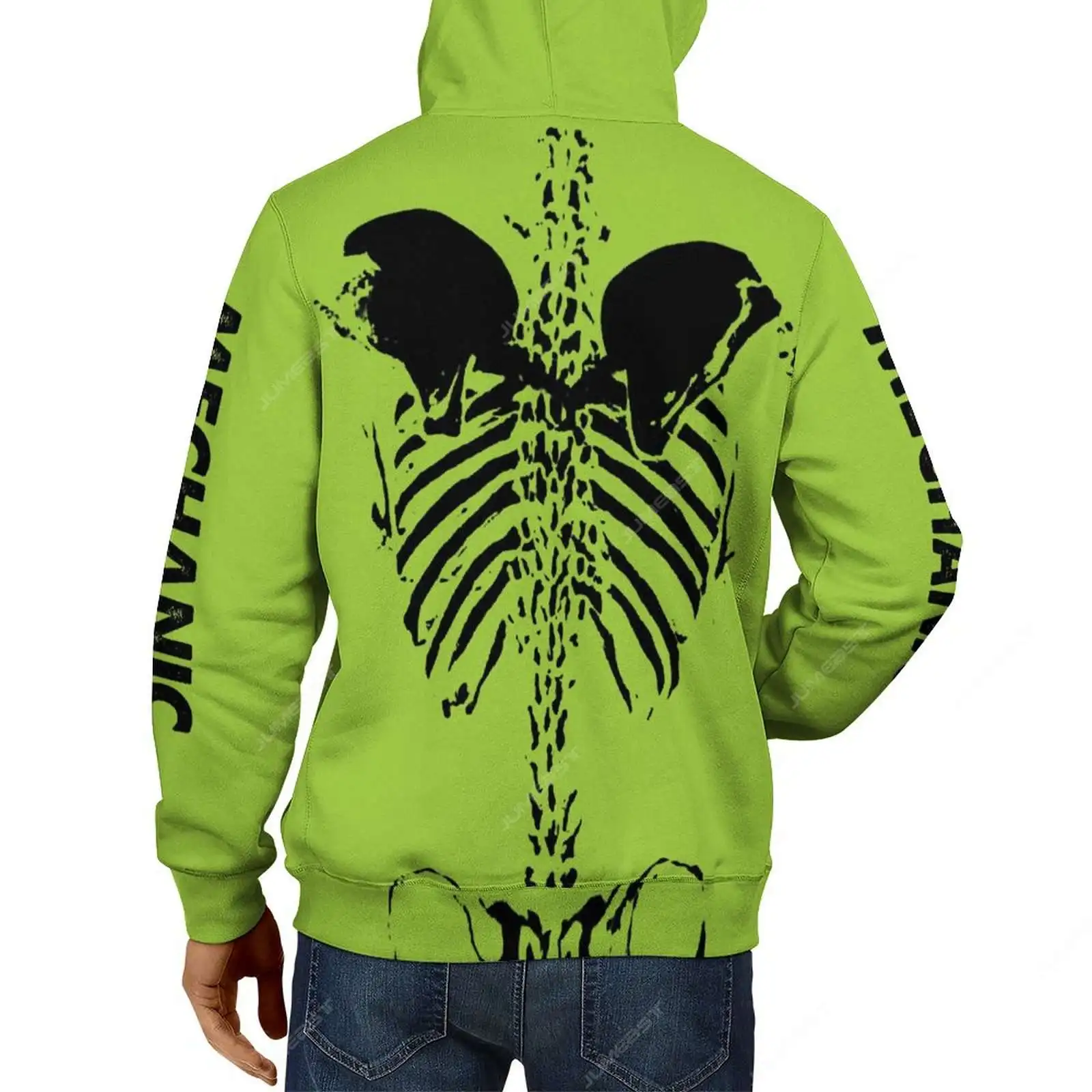 Jumeast Neon Green Mechanical Skeleton Men Zipper Hoodies Dark Academia ...