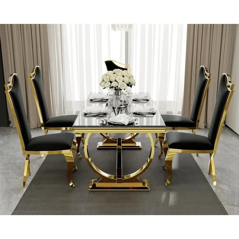 72 Inch Modern Dining Table Set with U-Base and 6 Black Velvet Upholstered Chairs