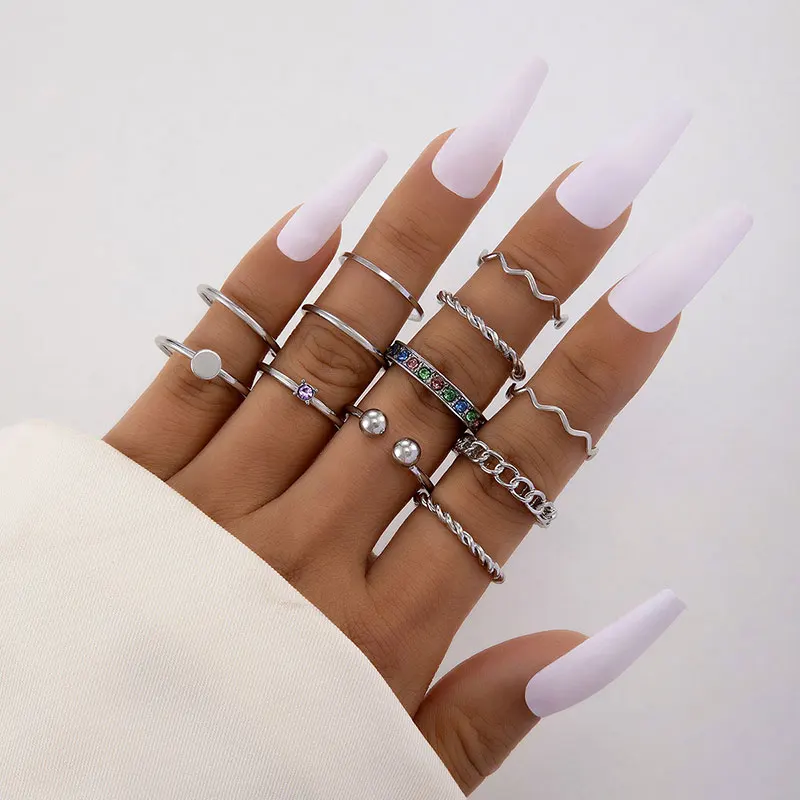 Docona New Silver Diamond Set Fried Dough Twist Joint Ring Geometric Simplicity Circolare Wavy Pattern Set Di Anelli Da 12 Pezzi
