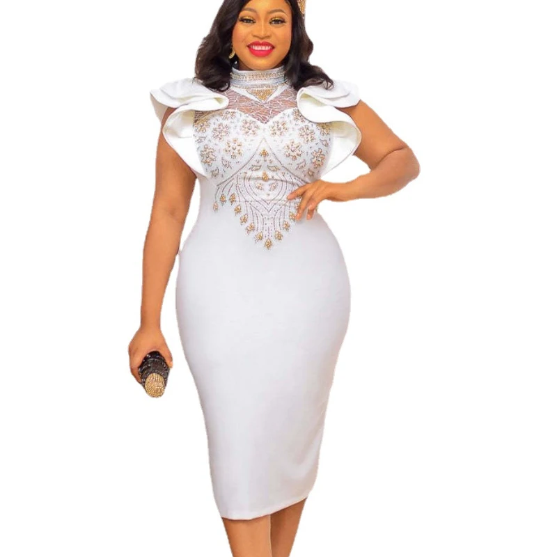 2024 Summer Elegent African Women Sleeveless Polyester White Knee-length Dress African Dresses for Women S-3XL African Clothes