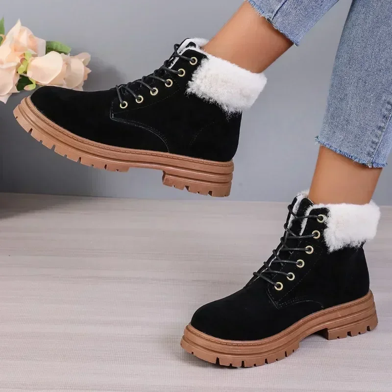 2023 New High Quality Shoes Female Lace Up Women's Boots Winter Round Toe Flock Plush Warm Mid Heel Casual Naked Boots Shoes