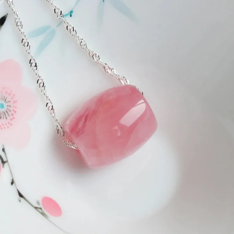 Alta Qualità 925 Sterling Silver Natural Pink Crystal Ross Quartz Ciondolo Catena Femminile Buona Fortuna Perline Regalo Di Pietra Fortunata 18Mm