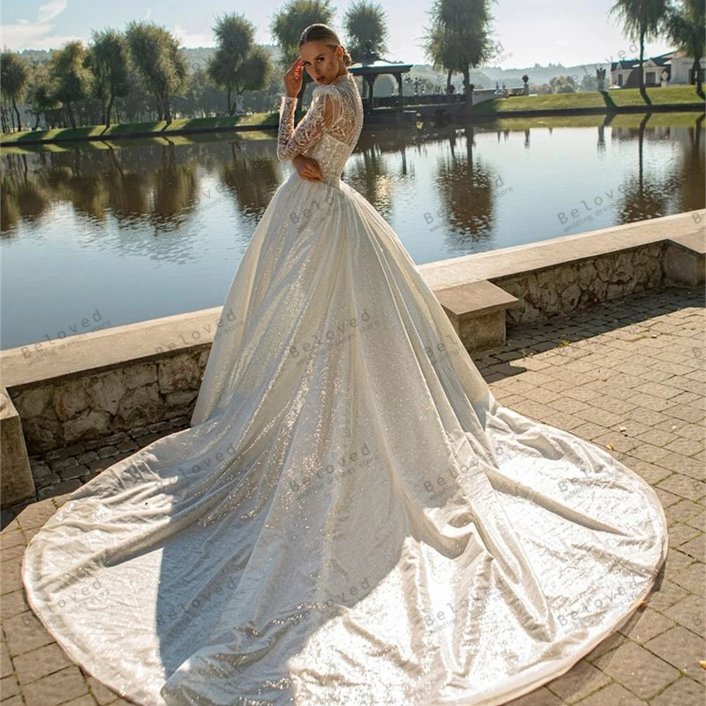 Exquisite Wedding Dresses A-Line Bridal Gowns Lace Appliques Full Sleeves High Neck Robe For Party Vestidos De Novia Customized 3