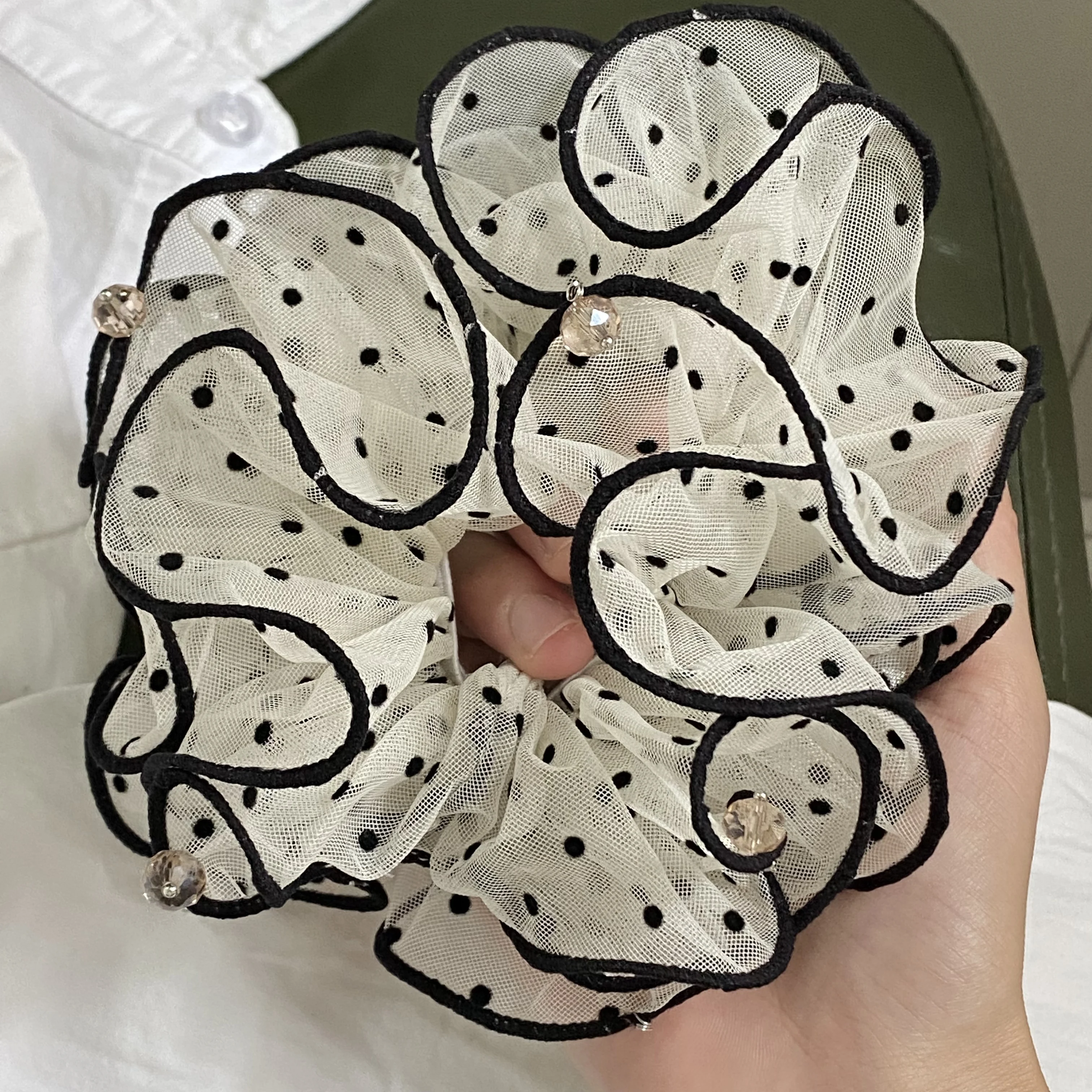 1pc  White Mesh Polka Dot Scrunchie With Black Trim And Beads, Elegant Hair Accessory For Women, Stylish Hair Tie For Daily