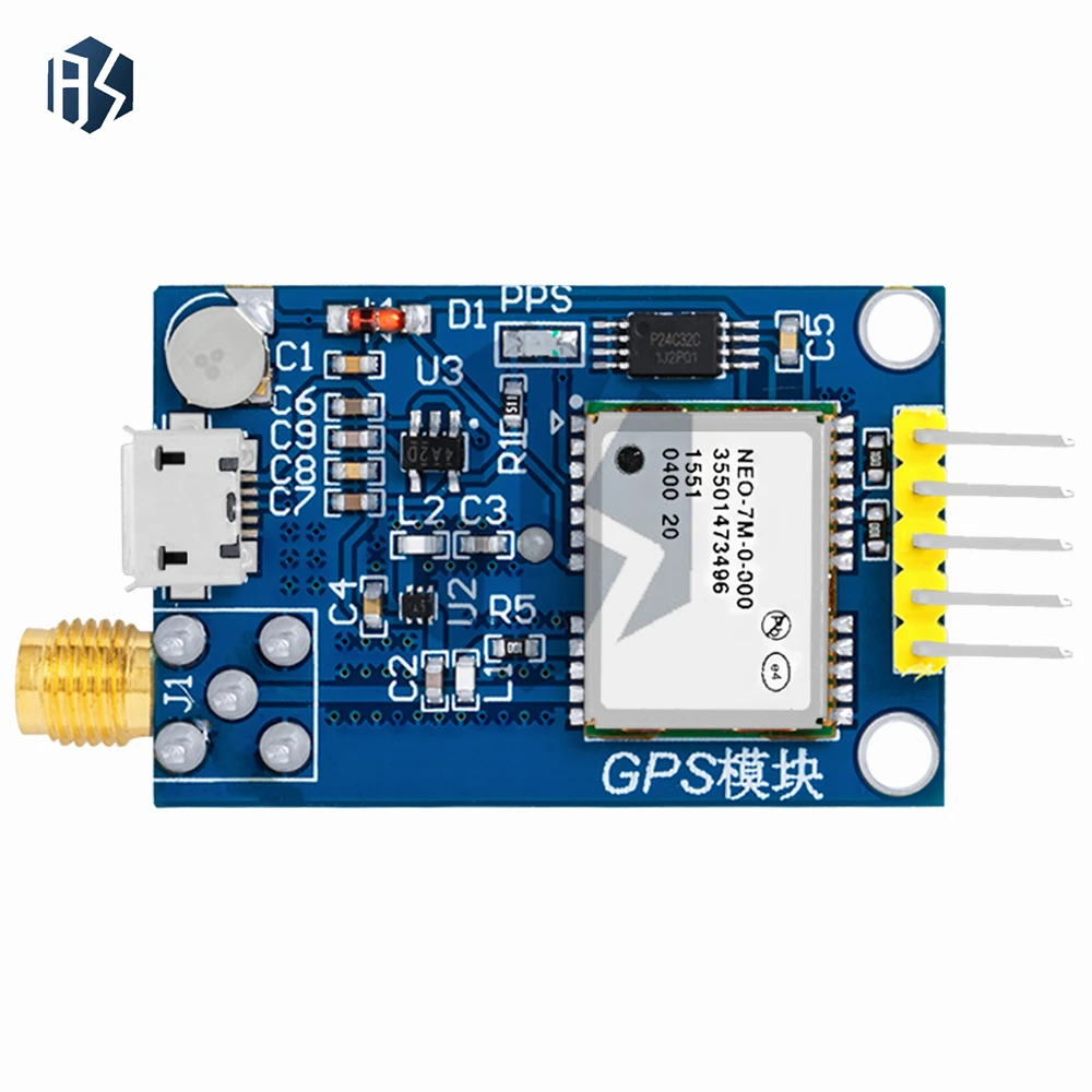 Module GPS NEO-6M/7M/8M/9M avec USB, antenne céramique et connecteur UART, sur fond gris