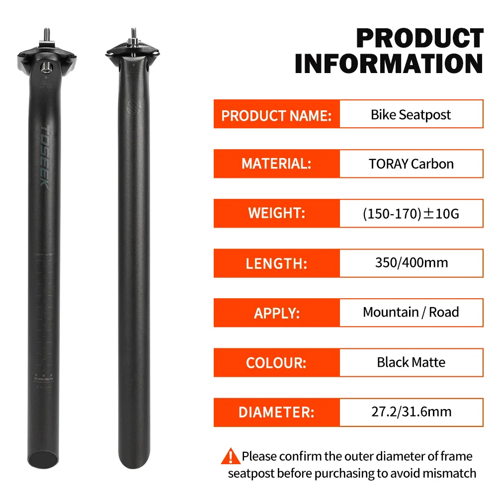 TOSEEK C70 T800 Carbonfaser-Sattelstütze Fahrrad-Sattelstütze MTB Rennrad-Sattelrohr Teile 27,2/31,6*350/400mm mit Titanschrauben – Detail 8