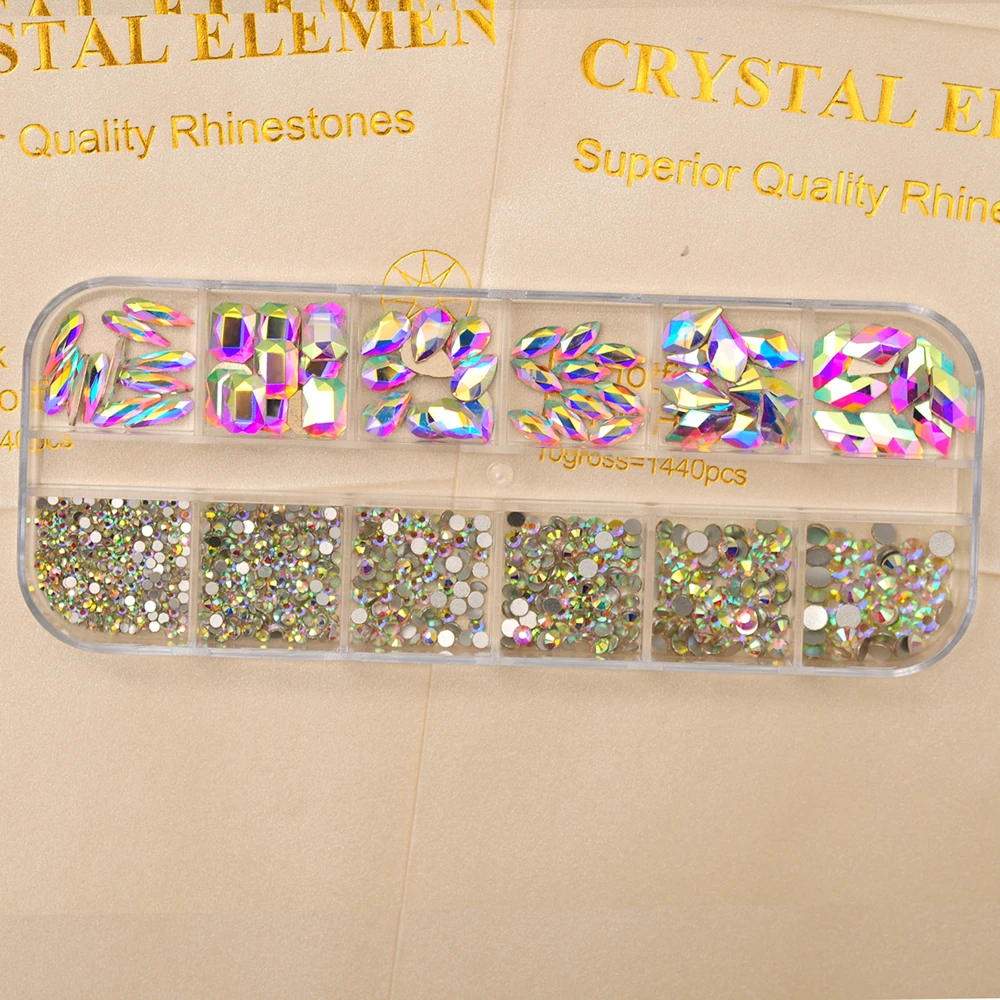 Description Picture 5 of item12Grids Round Rhinestones Mixed Shape Size Adhesive Nail Charms Flatback Crystals Jewelry Nail Decoration Glue On Glass Beads