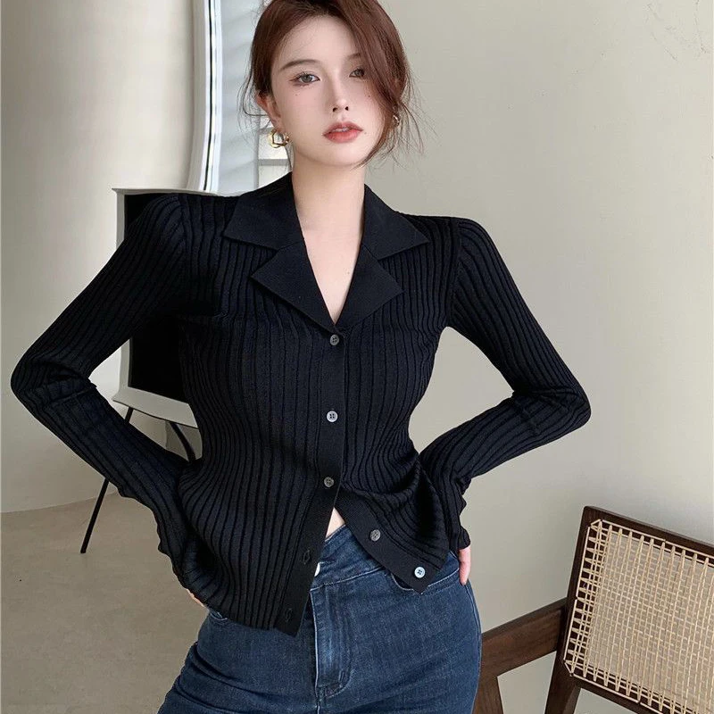 Rimocy 여성용 블랙 니트 V넥 가디건, 한국 패션, 긴팔 스웨터, 싱글 브레스트 슬림핏 점퍼