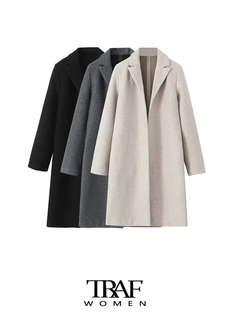 

TRAF Women Fashion Side Pockets Texture Woolen Open Coat Vintage Lapel Collar Long Sleeves Female Outerwear Chic Overcoat