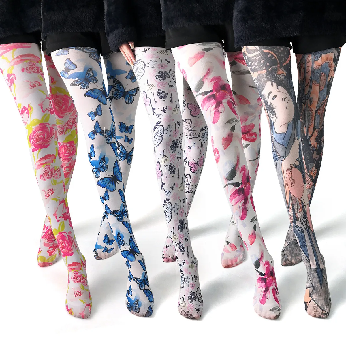 Graffiti Gedruckt Strumpfhosen Für Frauen Schmetterling Gitter Nahtlose Strumpfhosen Weibliche Sexy Stretch Lange Socken Hohe Taille Strümpfe 2024
