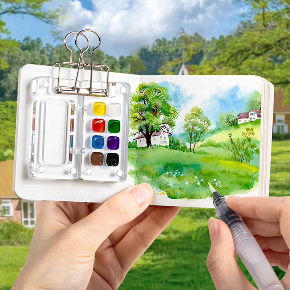 Mini Portable Watercolor Palette Set watercolor palette for Painters Artists Students Watercolor Brush Travel Paint Palette Acrylic Grid Paint Box