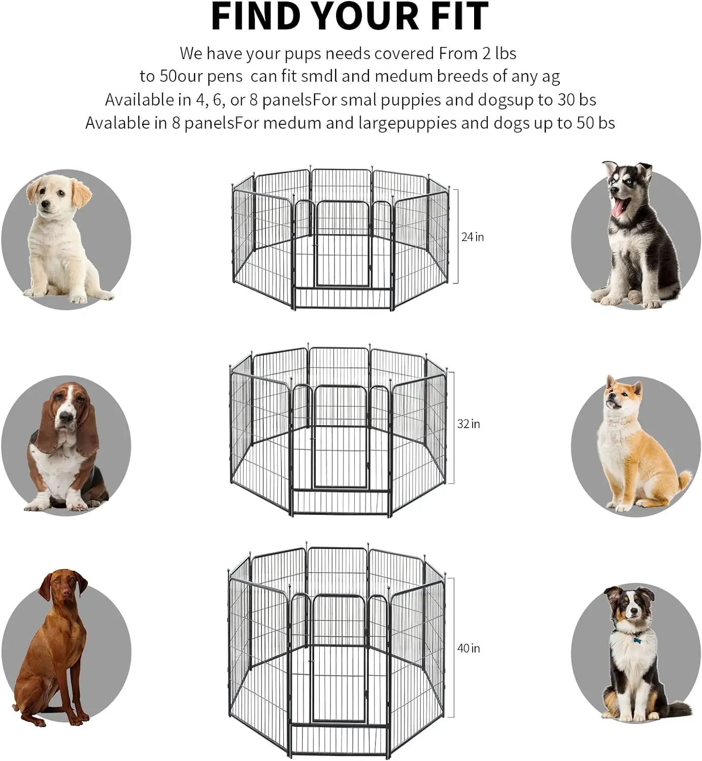 Dog Playpen,32/40/45 Inch Height in Heavy Duty, Folding Indoor Outdoor Anti-Rust Dog Exercise Fence, Portable Pet Playpen with D