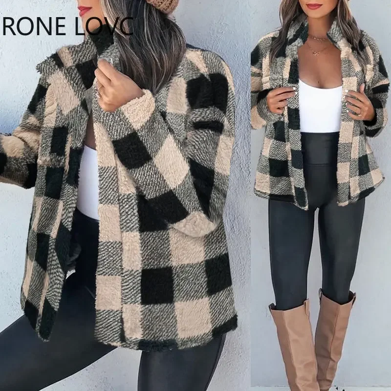 

Женские повседневные зимние куртки в клетку с длинным рукавом и открытым стежком, топы