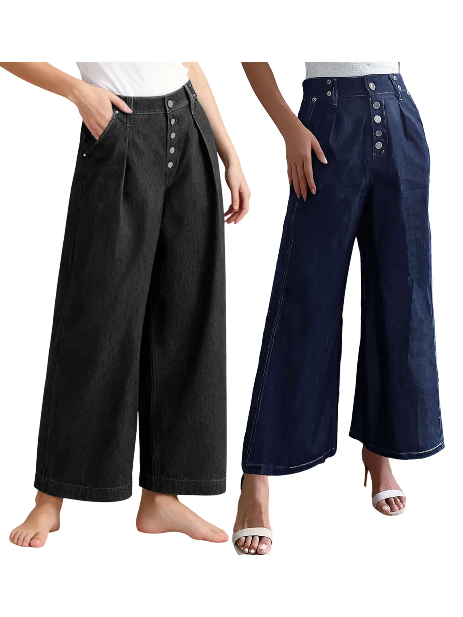 Women s Stylish Wide Leg Denim Trousers with Pockets Trendy Loose Fit Mid Rise Jeans in Solid Color for Casual Wear