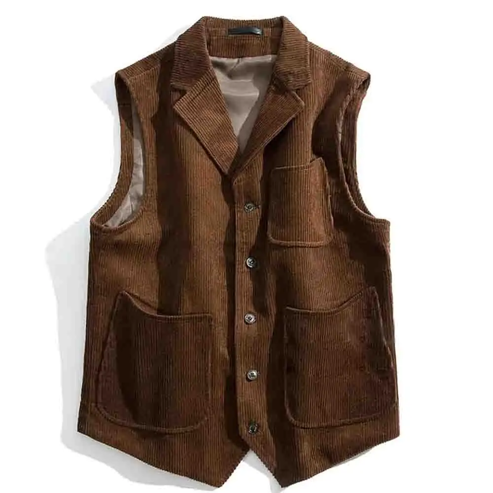Corduroy Men Vest Cotton Light Brown New Style Notched Lapel Solid Color With Pockets Gilet For Male Clothing жилетка 2