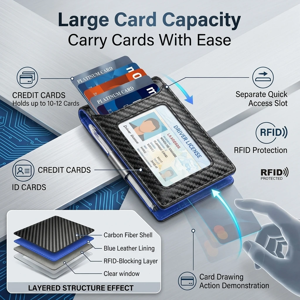 Slim Carbon Fiber RFID-Blocking Minimalist Wallet with Metal Money Clip