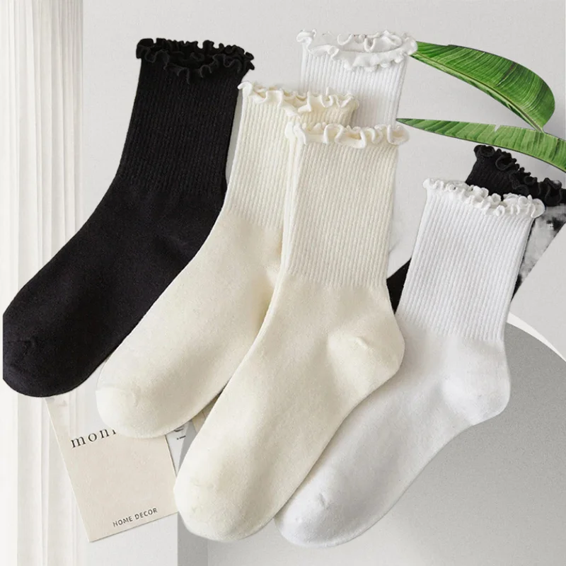 5/10 Pairs /Lot Socks Women Ruffle Cotton Middle Tube Sock Ankle Short Socks Breathable Black White Set Spring Autumn Funny Sock