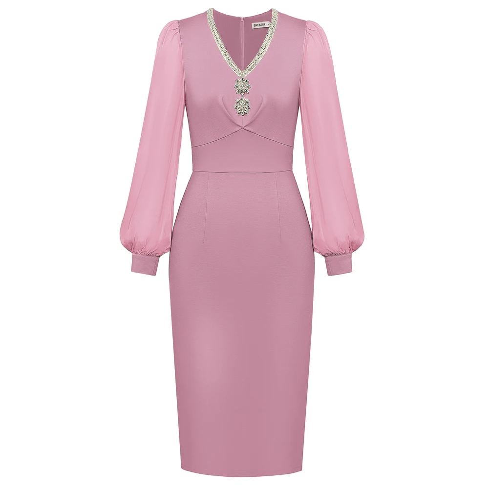 

GK Women Back Slit Party Dress Long Sleeve V-Neck Mid-Calf Bodycon Dress