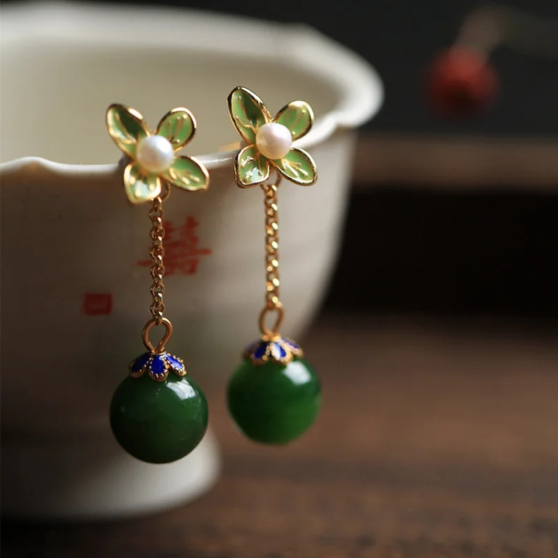 

Original design Natural Hetian jasper Eardrop Chinese enamel pearl fresh flowers earrings for women engagement jewelry
