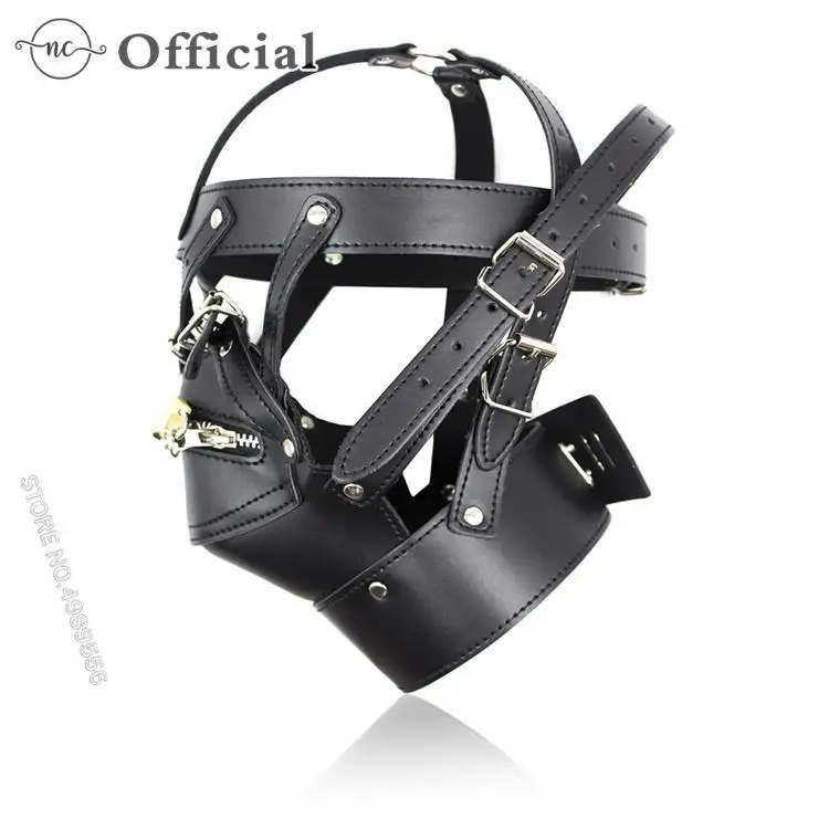 

BDSM Bondage Headgear Slave PU leather Head Hood Harness Lockable Mouth Zipper Mask Padlock Sex Toys Restraint Adult Game